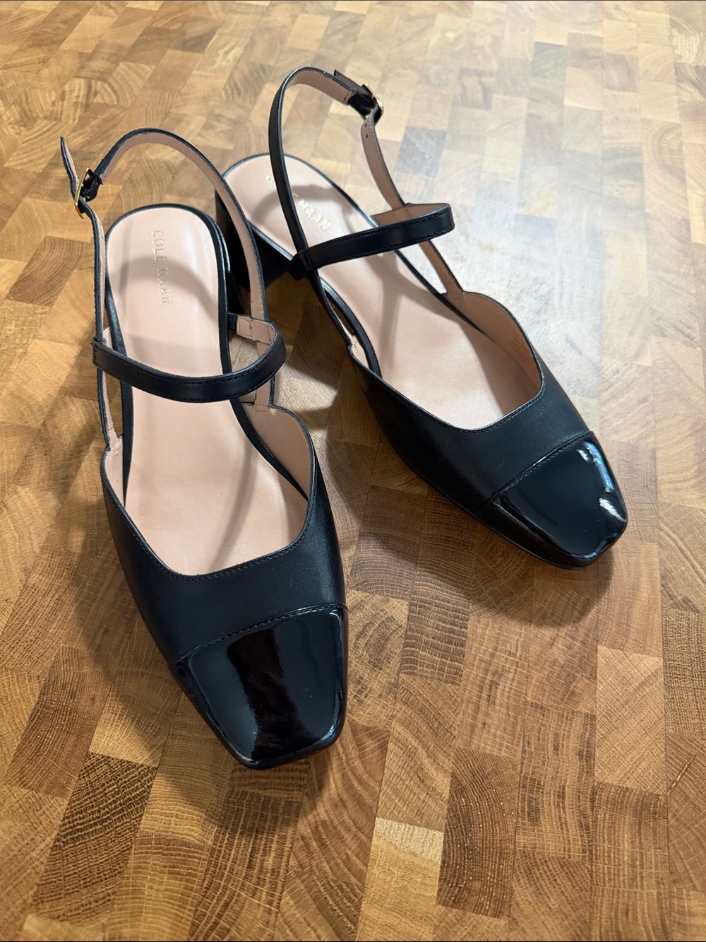 Cole Haan Black Leather & Patent Toe Slingback 1.5” Block Heel